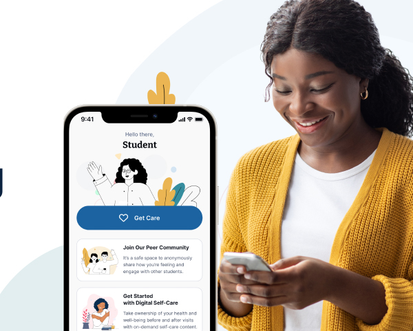 On the left the home screen of timely care displayed, on the right a woman smiling looking at her phone using timely care